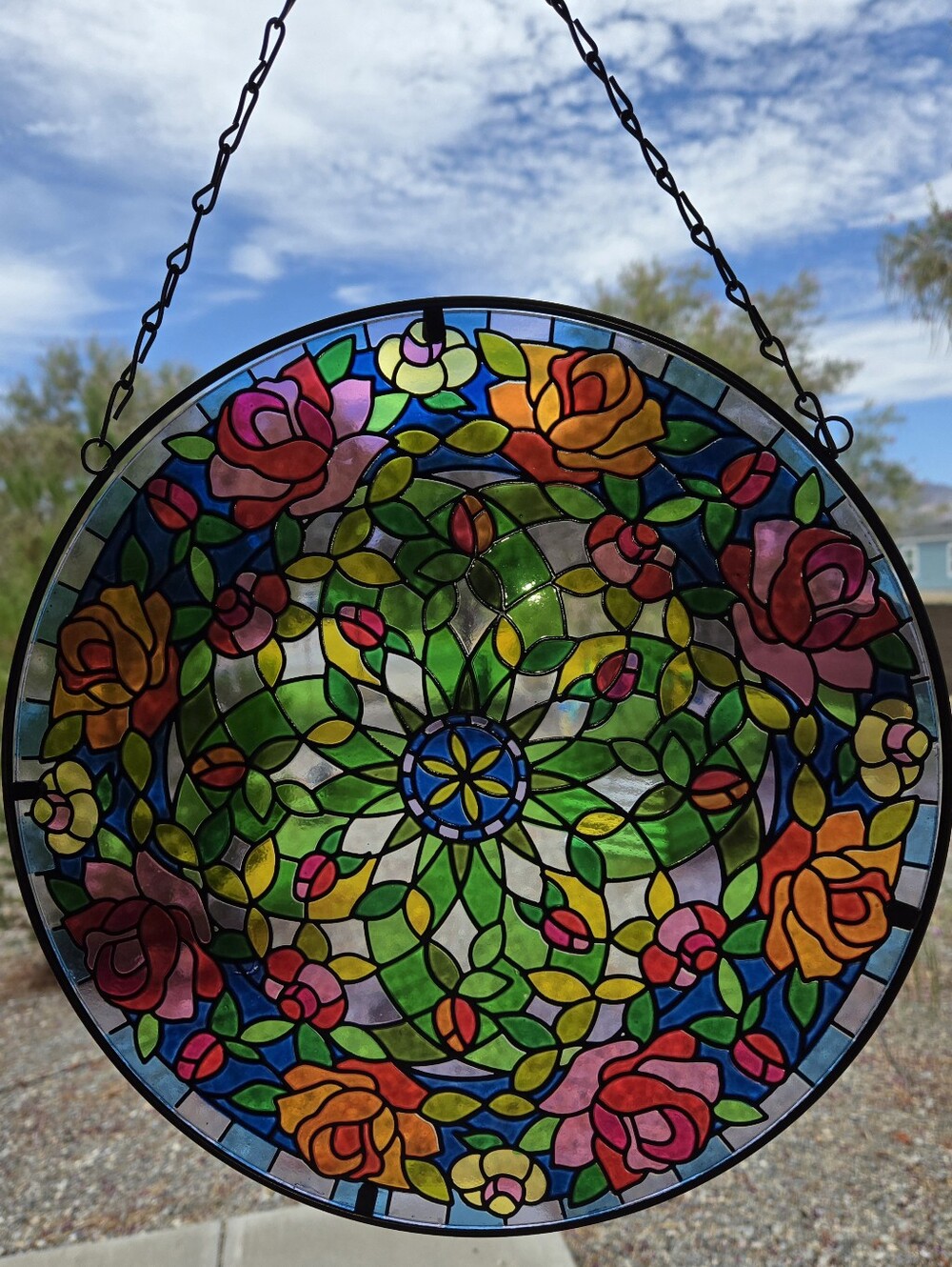 Vintage Tiffany Style Roses & Floral Colored Beautiful Sun Catcher 12x12” Round